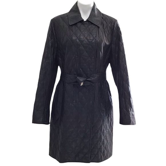 BURBERRY Women Black Leather Belted Trench Coat Quilted Double Breasted Sz 14